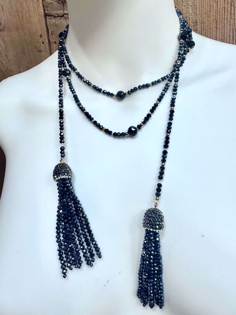 NWT Long Blue, Gray & Gold Crystal Bead Necklace